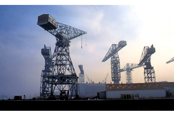 Cranes at the Scott Lithgow shipyard at Cartsburn, Greenock prior to demolition in 1987. - 2005.8.35 - © McLean Museum and Art Gallery, Greenock