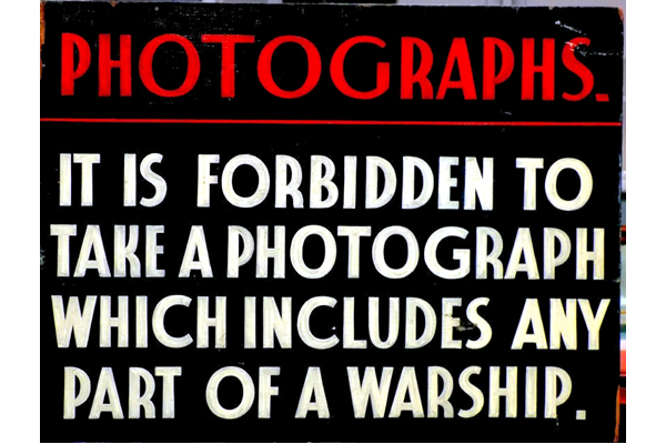 This sign prohibits the photographing of warships within the Scotts' Cartburn shipyard, Greenock. - 2006.374 - © McLean Museum and Art Gallery, Greenock