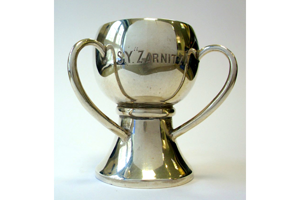 Cup presented to workers at Scotts' Shipyard during the refurbishment of the royal yacht Zarnitza by Grand Duke Mikhail Alexandrovich Romanov between 1906 and 1908 under the command of Prince Pontiatine, it remained in naval service post-revolution. - 2007.896 - © McLean Museum and Art Gallery, Greenock