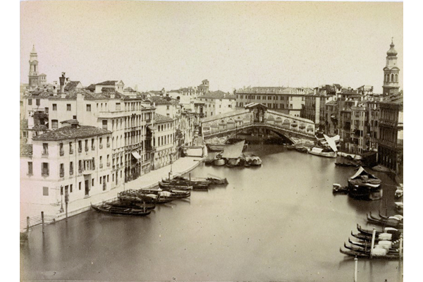 Grand Canale and the Rialto Bridge next to the Palazzo Grimani, Venice by Carlo Naya (1816-1882) - Albumen print on paper - 13.3 x 17.3 cm - 2017.134.17 - © McLean Museum and Art Gallery, Greenock