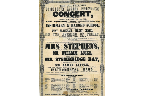 Poster on silk for the 13th Oddfellows benevolent concert held on 27 January 1854 held in West Blackhall Street, Greenock - 1983.70 - © McLean Museum, Greenock.