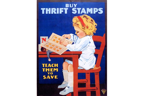 'Buy Thrift Stamps - Teach Them to Save' - poster issued by the National War-Savings Committee (Canada) in 1918 - 1996.100.263 - © McLean Museum and Art Gallery, Greenock