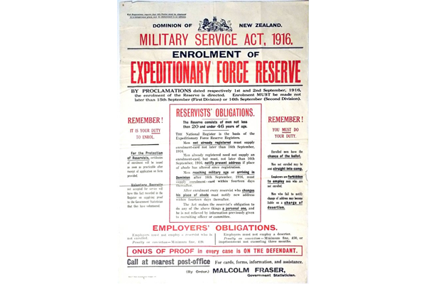 War regulations require that this poster must be displayed....- poster issued in connection with the New Zealand Military Service Act 1916 - 1996.100.395 - © McLean Museum and Art Gallery, Greenock