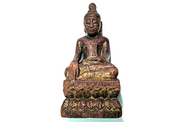 19th century gilded wooden figure of Buddha from Myanmar (Burma). The figure is seated on a double lotus throne in lalitasana. - 1981.299 - © McLean Museum and Art Gallery, Greenock