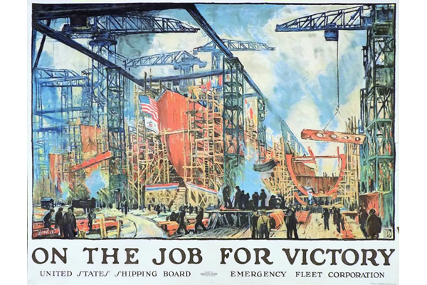 'On the Job for Victory' - Lithograph by Jonas Lie (1880-1940) - United States Shipping Board Emergency Fleet Corporation - 1996.100.649 - © McLean Museum and Art Gallery, Greenock