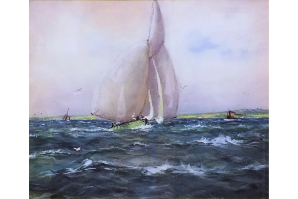 Watercolour painting on paper entitled 'Under Sole Sail' by Patrick Downie (1854-1945) - 46.5 x 57 cm - 1984.20 - © McLean Museum and Art Gallery, Greenock