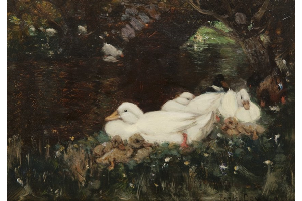 Oil painting on canvas entitled 'Ducks and Ducklings' by Patrick Downie (1854-1945). Painted before 1913. - 30.5 x 22.5 cm - 1977.776 - © McLean Museum and Art Gallery, Greenock