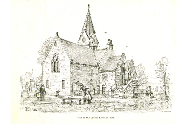 Lithograph print on paper entitled 'View of Old Church restored - East' after a drawing by Patrick Downie (1854-1945) - 1888 - 18.3 x 24.3 cm - 2012.48.38 - © McLean Museum and Art Gallery, Greenock