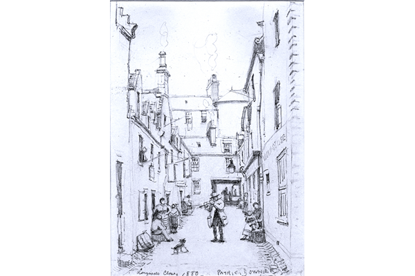 Pencil drawing on paper entitled 'Longwell Close, Greenock' by Patrick Downie (1854-1945) - 1880 - 18.8 x 13.8 cm - 1977.773 - © McLean Museum and Art Gallery, Greenock