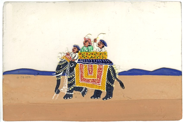 Decorated elephant with mahout, noble and servant - 19th century Indian gouache painting on mica - 1976.25.6 - © McLean Museum and Art Gallery, Greenock