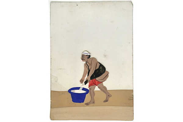 Water or milk carrier emptying a water skin into a basin - 19th century Indian gouache on mica - 1976.25.10 - © McLean Museum and Art Gallery, Greenock