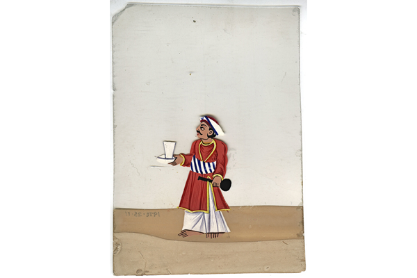 A man, a domestic servant or possibly a doctor, bearing a cup and flask - 19th century Indian gouache painting on mica - 1976.25.11 -  © McLean Museum and Art Gallery, Greenock