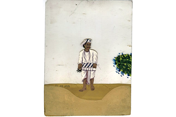 Man carrying keys dressed in white and wearing a turban - 19th century Indian gouache painting on mica - 1976.25.12 - © McLean Museum and Art Gallery, Greenock