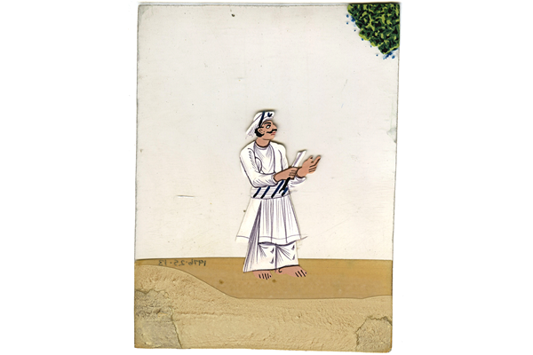 Man dressed in white carrying a scroll - 19th century Indian gouache painting on mica - 1976.25.13 - © McLean Museum and Art Gallery, Greenock