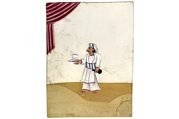 Man, possibly a doctor or domestic servant, with cup, tray and flask - 19th century Indian gouache painting on mica - 197.25.14 - © McLean Museum and Art Gallery, Greenock