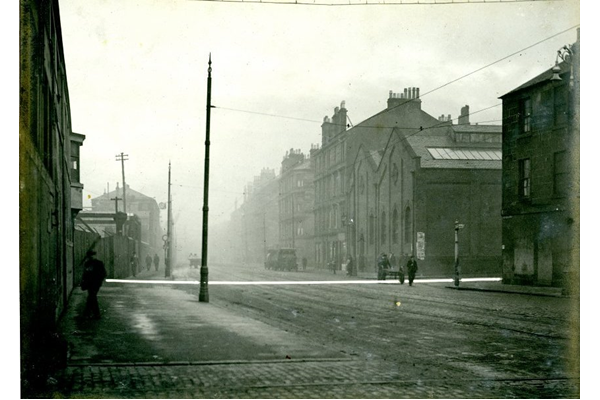 Port Glasgow Road looking East showing the  Greenock - Port Glasgow boundary. The boundary is shown as a white line. - 2009.98.4 - © McLean Museum and Art Gallery, Greenock