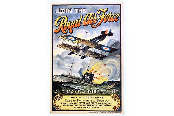 First World War recruitment poster 'Join the Royal Air Force', published by the Royal Air Force in 1918. - 1996.100.18 ©McLean Museum and Art Gallery, Greenock.