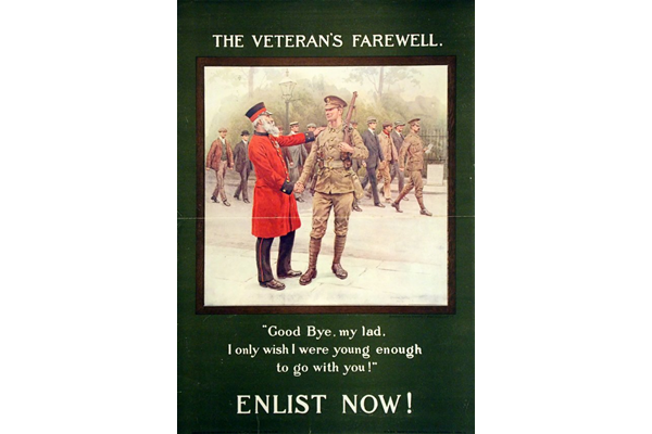 First World War recruitment poster 'The Veteran's Farewell', published by the Parliamentary Recruiting Committee in 1914. - 1966.100.192 ©McLean Museum and Art Gallery, Greenock.